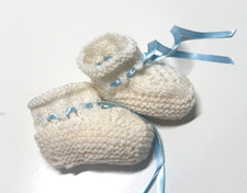 White Blue Handmade Knitted Baby Booties Newborn 0-3 Months Cuffed Low Top