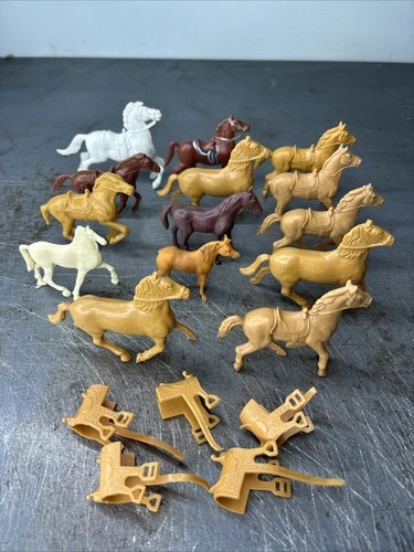 Large Vintage Lot of Multicolored Western Playset Horses Marx MPC With Saddles
