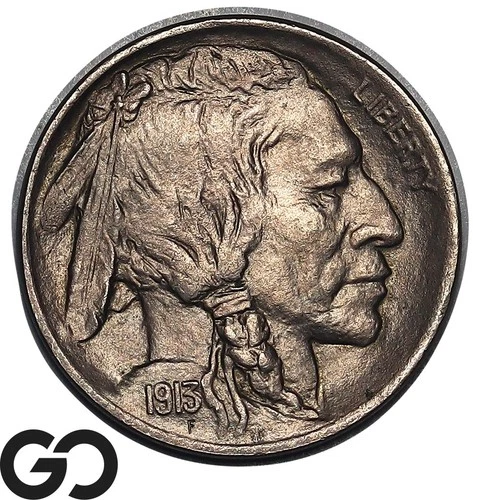 1913-D Buffalo Nickel Type 1, Gem BU++ Semi-Better Date 1st Yr Issue
