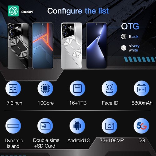 7.3''Full screen 8+256GB 16+1TB Android 13 phone 72MP+108MP GPS Face Access - Picture 2 of 15