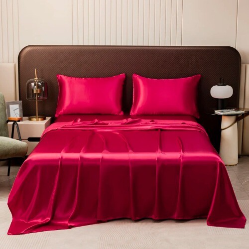 Silk Bed Sheet with Pillowcase Twin/Full/Queen/King Solid Color Flat Bed Sheets