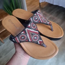 Top Moda Size 7 Women's Sequin Rhinestone Wedge Thong Sandal Black Red