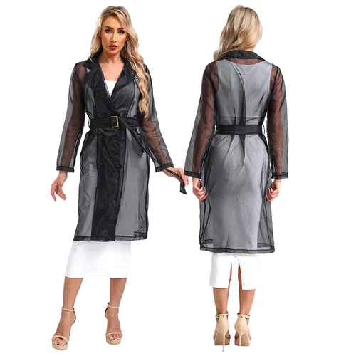 Womens Coat See Through Trench Notch Lapel Jackets Ladies Outerwear Cropped- - Picture 22 of 60