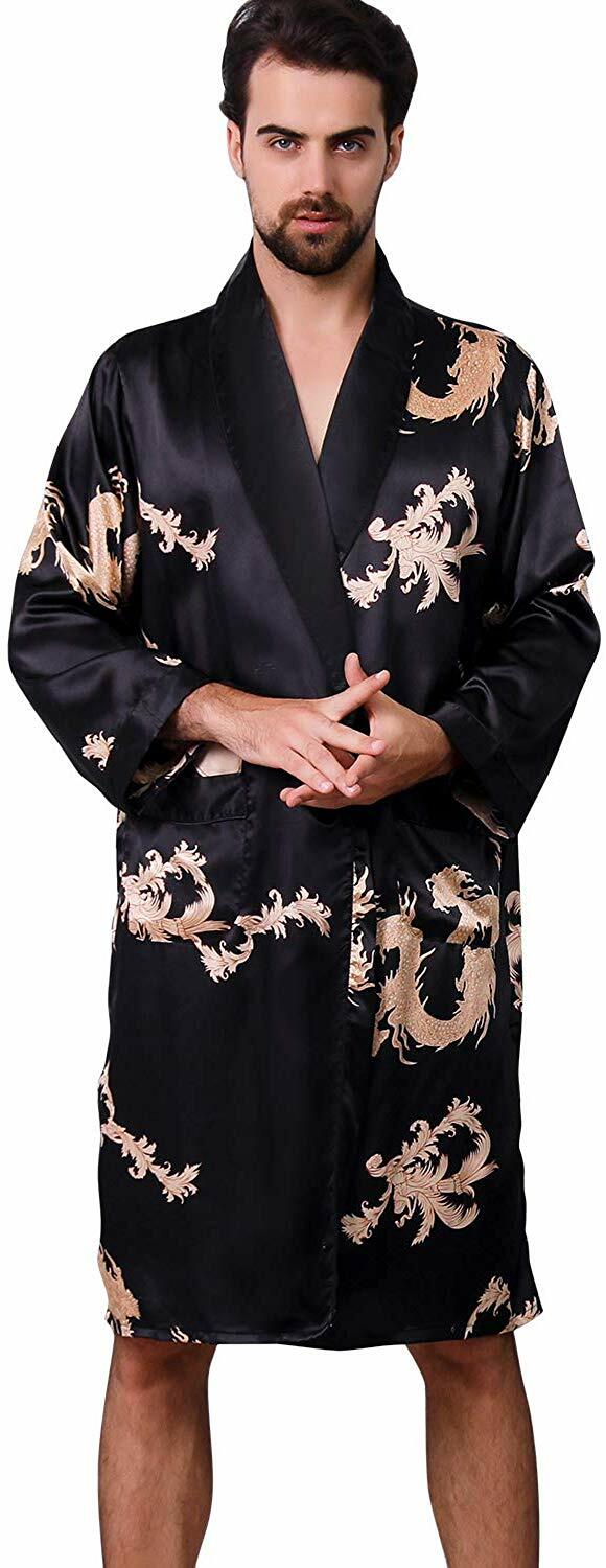 Previn Mens Satin Kimono Robe Luxurious Silk Long Sleeve Spa Bathrobe ...