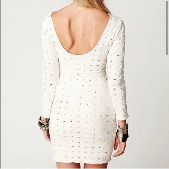 Free People L White Ivory Embellished Polka Dot Body Cone Long Sleeve Dress AR - Image 3 of 4