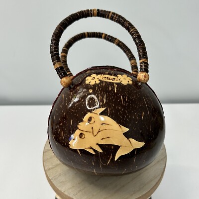 Coconut Shell Purse Dolphins Hawaii Aloha Beads Pink Hibiscus Flower Zipper