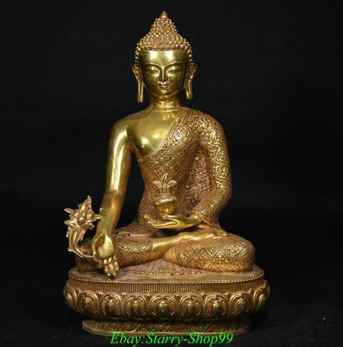 12" Old Tibet Bronze Gilt Menla Medicine Shakyamuni Sakyamuni Buddha Statue - Picture 2 of 9