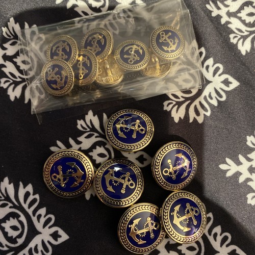 14 Piece Vintage Golden Blue Metal Blazer Button Set - Naval Anchor - for Blazer