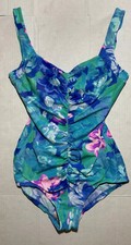 VTG Maxine Of Hollywood Swimsuit One Piece Floral Print Ruched Size 14