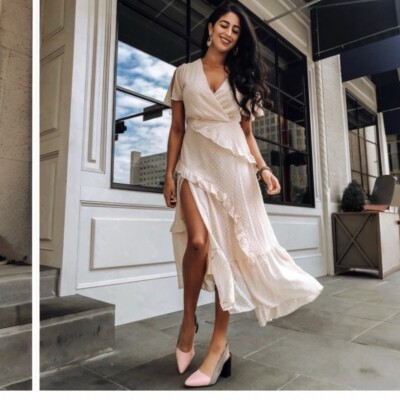 Lulus Next to You Swiss Dot Tiered Ruffle Hem Midi Dress Size Large Cream Slit