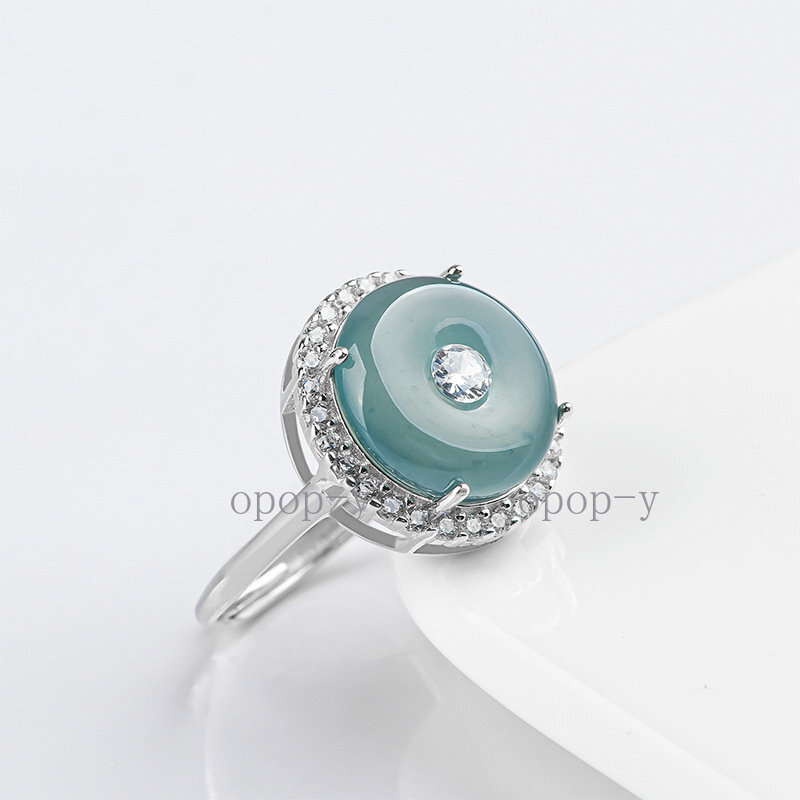 S925 Silver Natural Blue Water Jade Donut Ring Jewelry Gift + Certificate