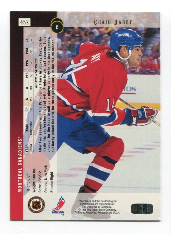1995 Upper Deck Craig Darby Signed Card Hockey NHL Autograph AUTO #452 - Image 2 of 2