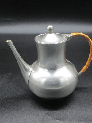 VTG Royal Holland KMD Tiel Pewter Tea Pot Rattan Handle Mid Century Modern