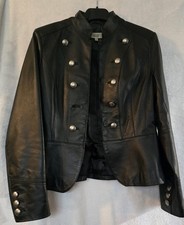 NEXT REAL LEATHER MILITARY JACKET UK 8 BLACK FITTED DOUBLE BREASTED STEAMPUNK