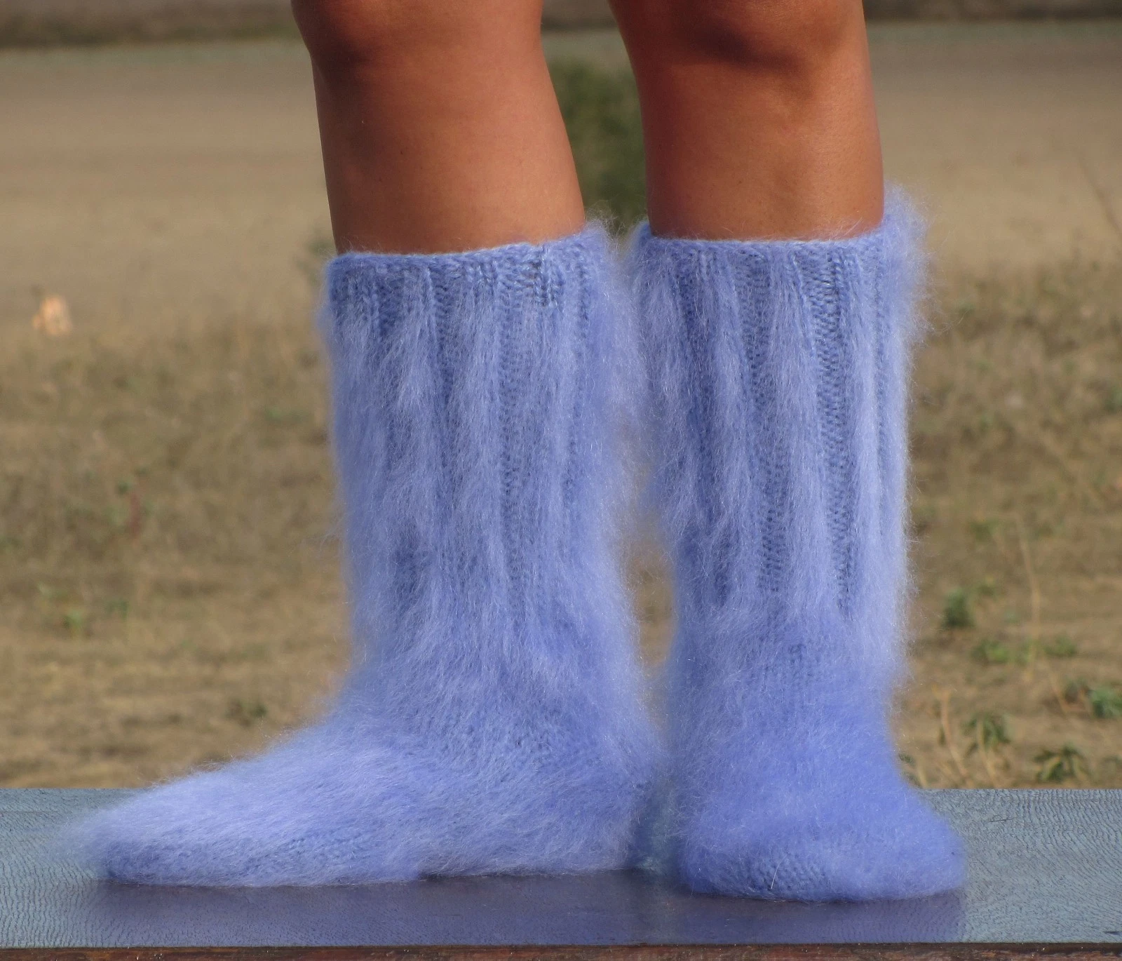 MOHAIR Blue Thick socks fuzzy hand knitted fluffy leg warmers №2113