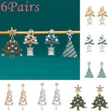 6 Pairs Zircon Rhinestone Christmas Tree Dangle Earrings Tiny Cute Jewelry Gift