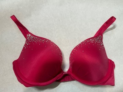 Victorias Secret Plunge Bra Padded Solid Pink Magenta with Rhinestones- Size 32D
