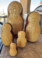 Nesting Dolls Relief Carved USSR Artist Signed Five Catholic Mary Jesus Saints