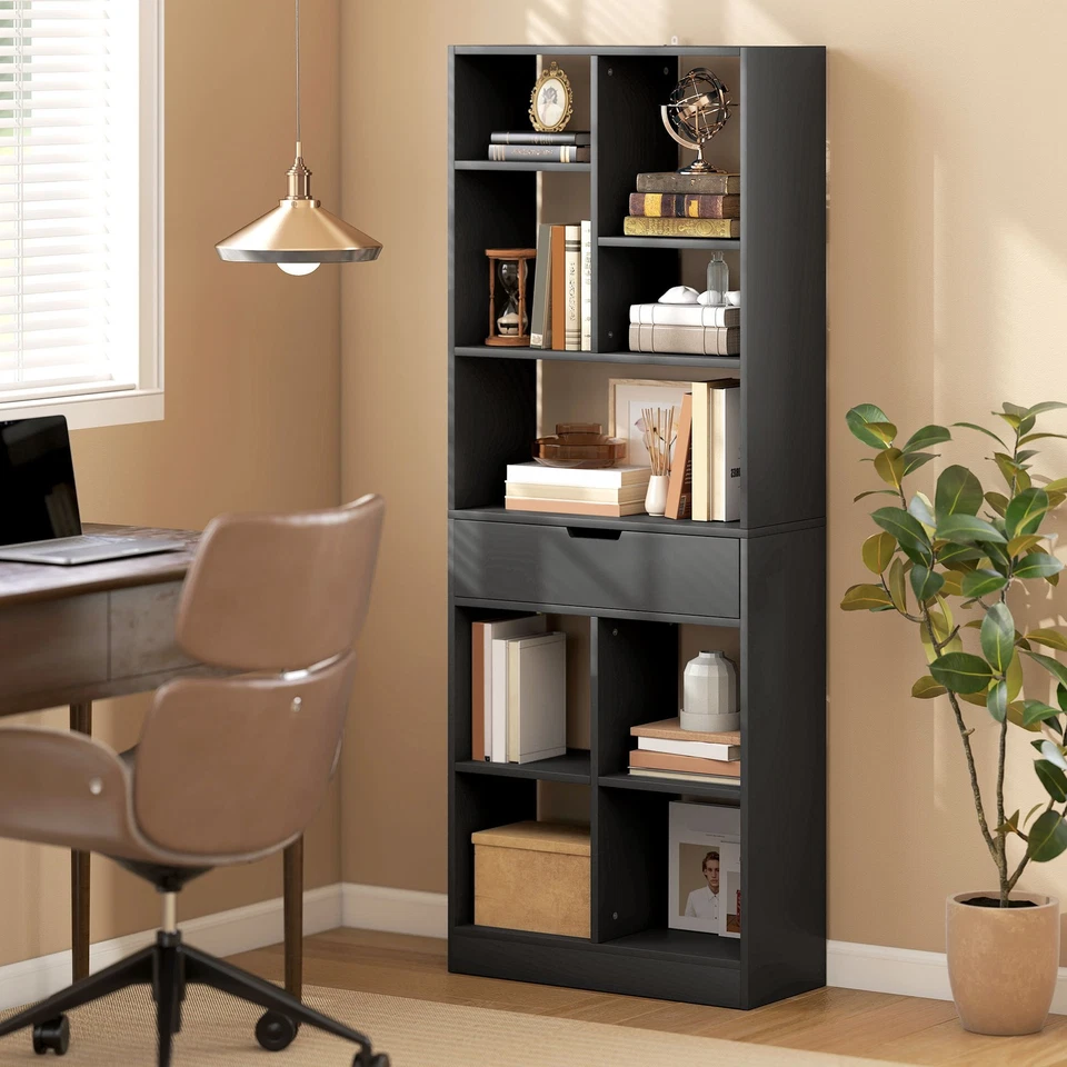 HOMCOM Libreria Moderna in Legno con Cassetto Centrale 60x26x158 cm Nero - Immagine 2 di 4