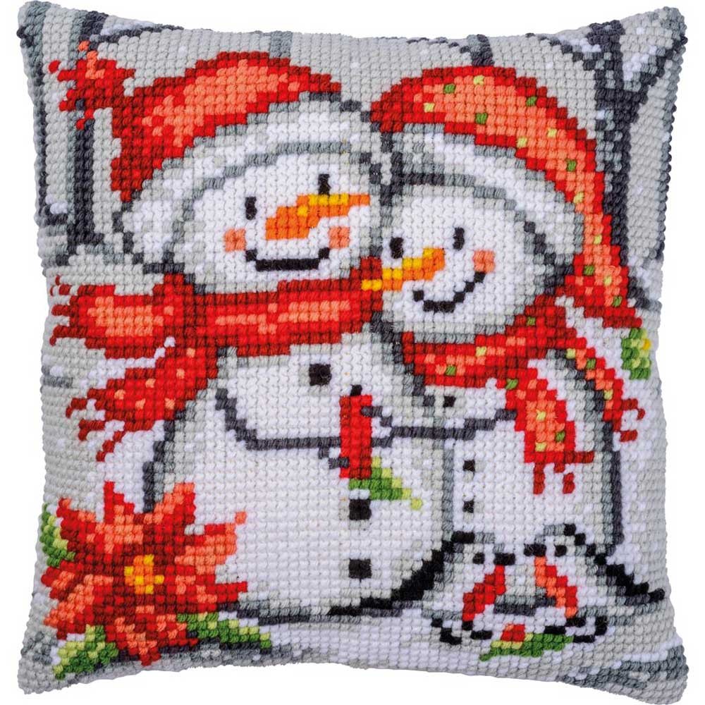 Vervaco stamped cross stitch kit cushion ""Snowmen"", 40x40cm