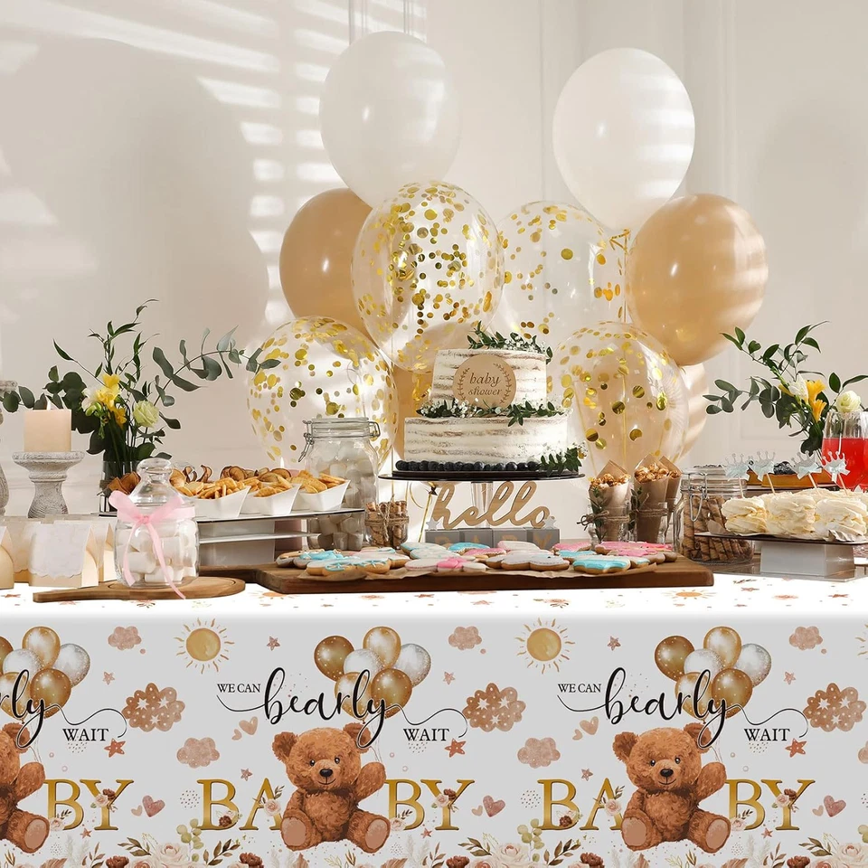 3 Pcs Bear Baby Shower Decorations Tablecloth We Can Bearly Wait Bear Table Cove - Image 4 of 4