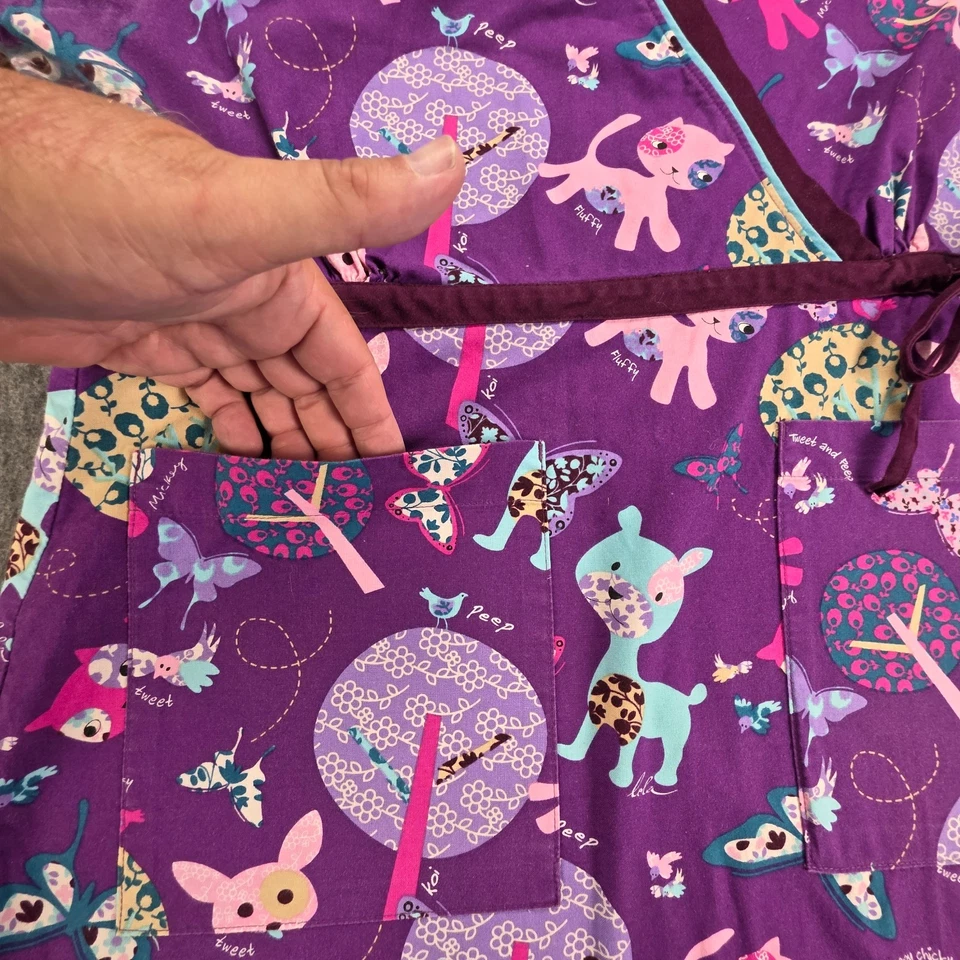 KOI by Kathy Peterson Women Large Mock Wrap Scrub Top Purple Animal Print 2 Pock - Image 2 of 4