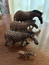 Vintage Folk Art Hand-Carved Painted Wooden Zebra Family 4pc Set 7” 6” 5” & 2.5”