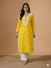 Lucknowi Rayon Chikankari Yellow Kurta  Cotton Kurti for Women  Size 38-56