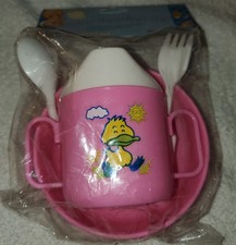 Pink Baby Feeding Set Spoon, Fork, Sipper Cup,Non-slip Bowl Non Toxic VTG 90s