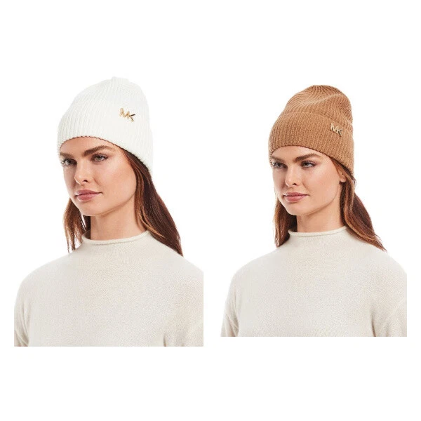 Michael Kors Women's Beanie Shaker MK Logo Cuff, Dark Camel or White O/S