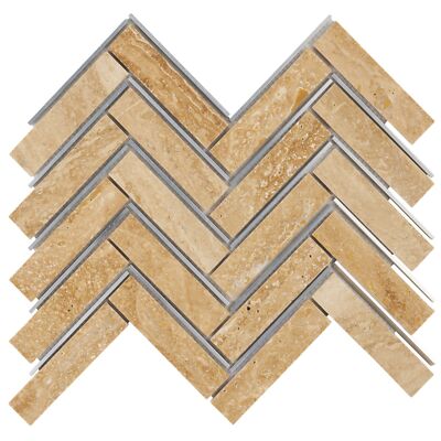 Crema Marfil Marble Stone Silver Metal Inlay Herringbone Kitchen Tile Backsplash
