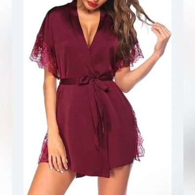 Lg Dynamite Silky Kimono Robe Blouse Dress Maroon Burgundy Lace Side Tie Front | eBay Lg Dynamite Silky Kimono Robe Blouse Dress Maroon Burgundy Lace Side Tie Front | eBay