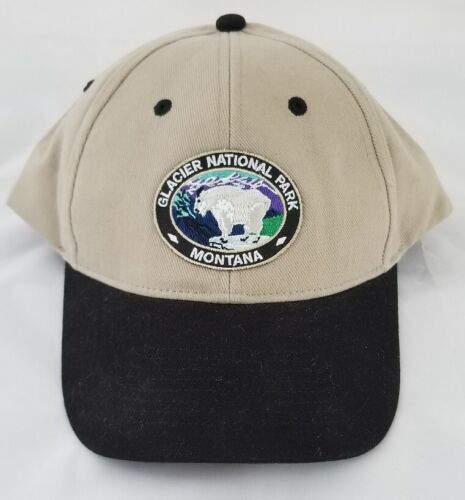 Glacier National Park Montana Tan & Black Twill Adjustable Snapback Hat - NWOT - Imagen 1 de 11