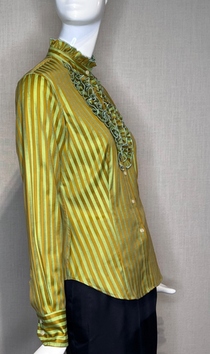 VTG Etro Cotton Sateen Bengal Stripe High Neck Fitted Ruffle Blouse, 42 ITALY - Picture 3 of 10