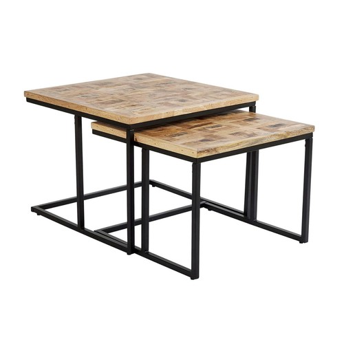 Nest of 2 Tables Solid Mango Wood Tabletop Black Metal Frame Chunky Coffee Table - Picture 10 of 10