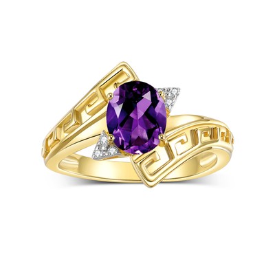 RYLOS Greek Key Ring 9x7mm Gemstone & Diamond, Gold-Plated Silver, Sizes 5-10