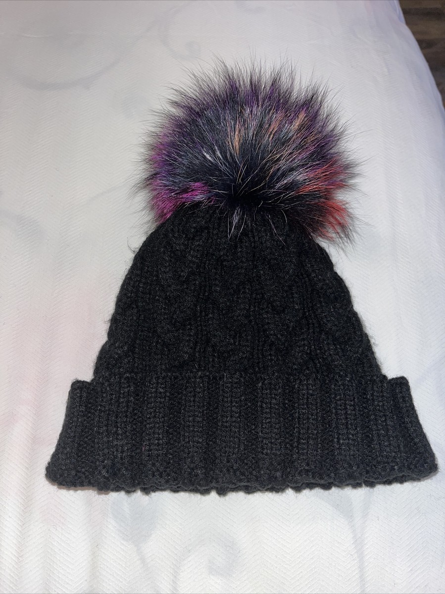 Womens Adrienne Landau Real Fox Fur Pompom Black Beanie Hat  display picture 2