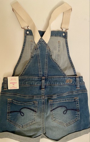 NWT Girls 10 JUSTICE “DISTRESSED SHORTALLS” Cotton Cuffed Suspender-SHORTS Blue - Picture 7 of 8