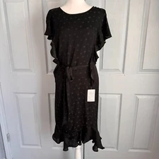 Max Studio Black Star Print Ruffle Flirty Hi-lo hem Dress Sz L Orig $138
