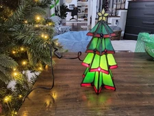 Stained 9” Glass Light up Christmas Tree Tabletop Electric Lamp Night