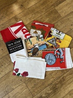 7 x Vintage Baumwolle Geschirrtücher Neu & Gebraucht Wein Motiv, Kit Kat, Vögel & Blumen