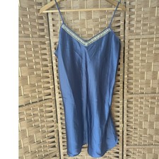 Vtg Blue Satin Slip Dresss Chemise Embroidered Floral Trim Sz M Coquette Fairy