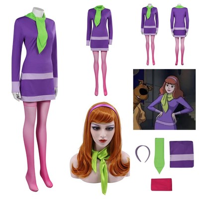 Anime Scooby-Doo Daphne Blake Cosplay Costume roleplay Purple Dress+Wig fullsets