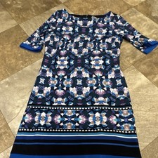 Eliza J Blue Geometric Boat Neck Half Sleeve Zip Sheath Dress Size 10