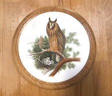 Circular Wood & Tile Trivet, Teapot Stand Owls & Chicks Vintage