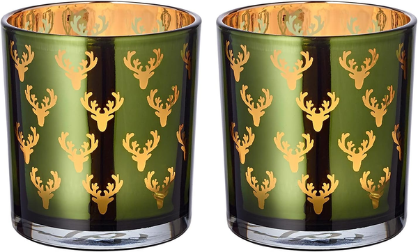 Edzard 2Er Set Windlicht Teelichtglas Kerzenglas Dirk, GrüN, Hirsch, HöHe 8 Cm-image