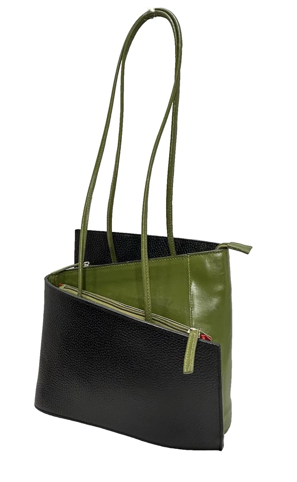 Bolso de Hombro Cleo & Patek Cuero Genuino Italiano Dos Tonos Verde Negro Foto 2 de 4