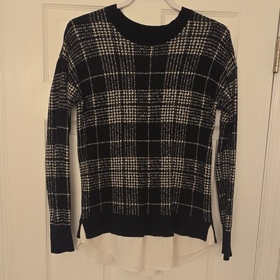 Ann Taylor Plaid Knit Pullover Sweater Layered Hem Black White M