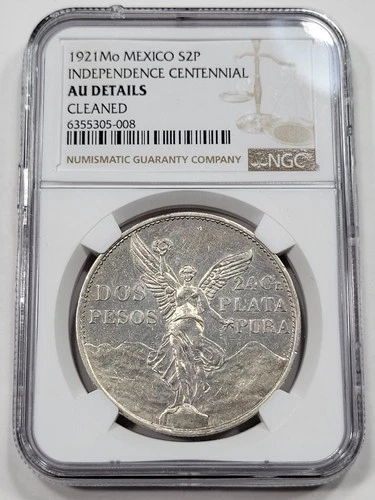 1921 Mexico Silver 2 Pesos Dos Pesos NGC AU Certified Great Detail Cleaned *K745