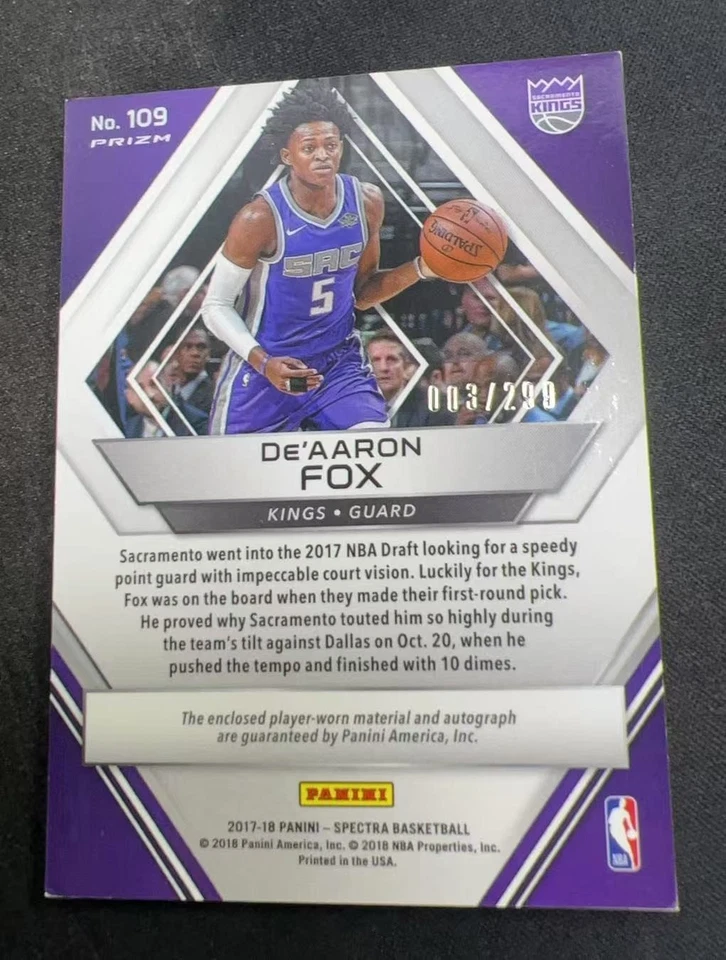 2017-18 Panini Spectra De' Aaron Fox #109 RC Rookie Auto Patch /299 - Image 3 of 3